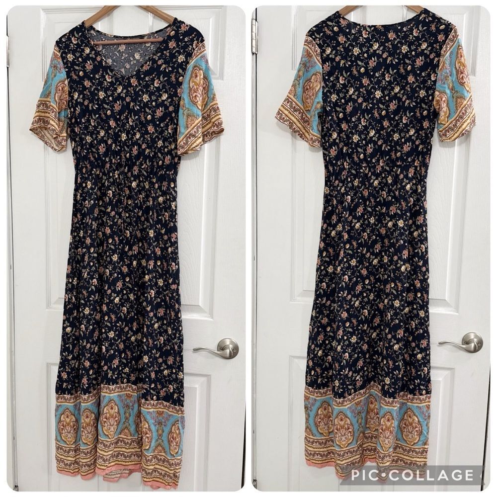 Pretty Garden Boho Floral Maxi Dress M Navy Viscose Fairy Cottagecore Bohemian